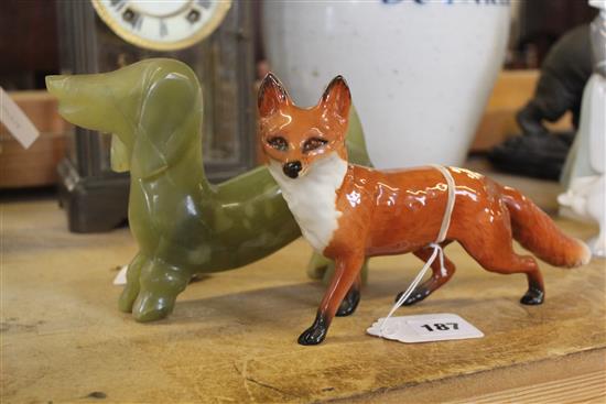 Beswick china model of a fox and a jade coloured semi-precious stone model of a daschund